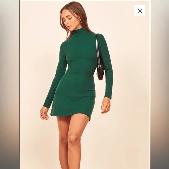 Reformation Maya Emerald Green Ribbed Knit Mock Neck Long Sleeve Dress Sz XS NWT